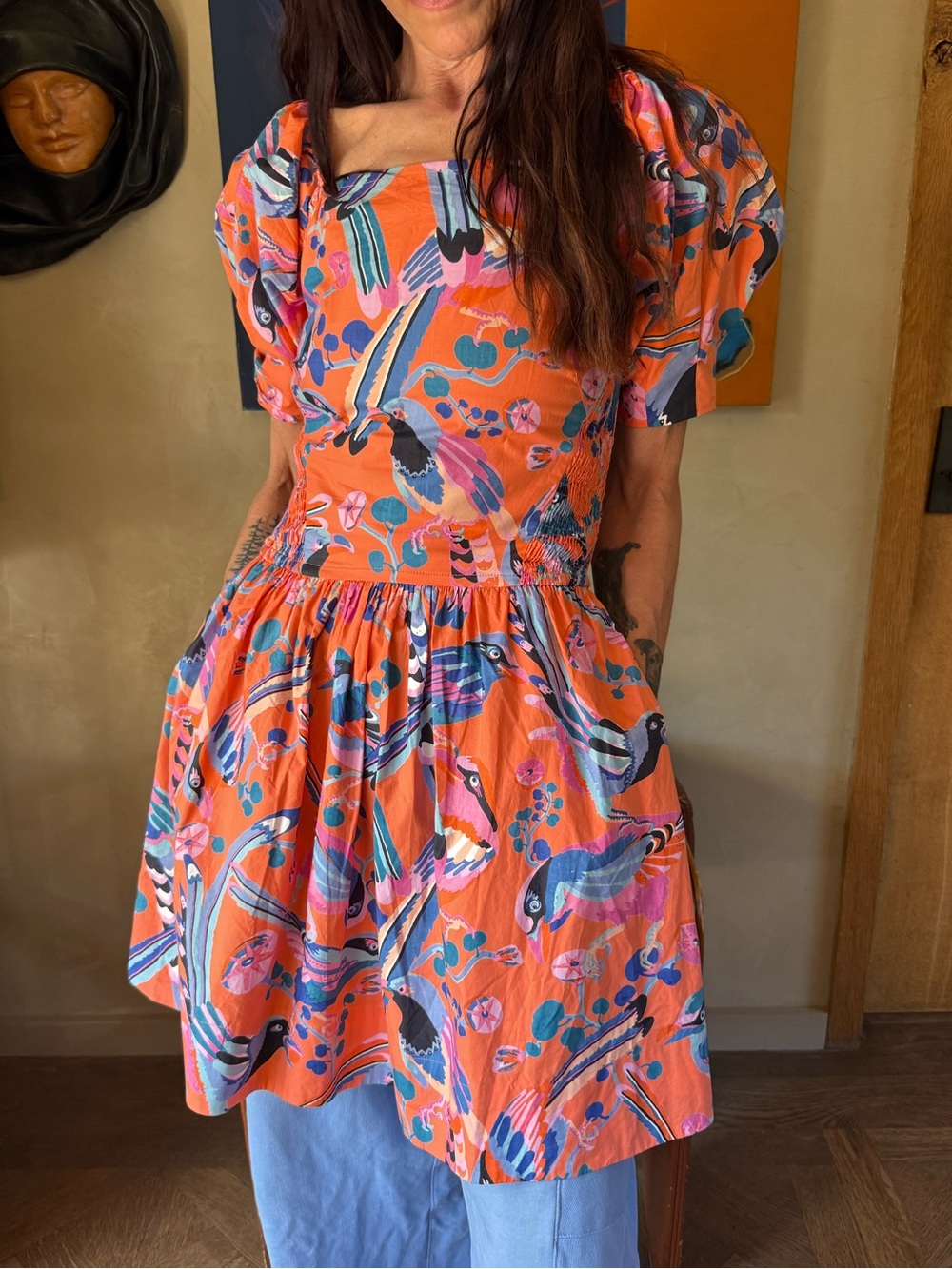 Banjanan Orange Bird Print Puff Sleeve Smocked Mini Dress Size S
